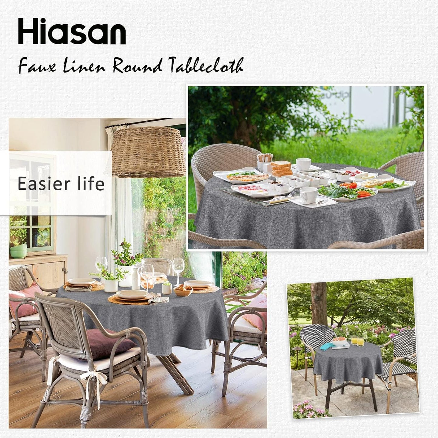 Hiasan Round Linen Tablecloth 90 Inch - Wrinkle and Stain Resistant Washable Polyester Fabric Table Cloth for Dining Room Kitchen Party, Grey
