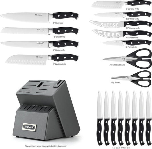 McCook® Knife Sets, German Stainless Steel Forged Kitchen Knives Block Set with Built-in Knife Sharpener