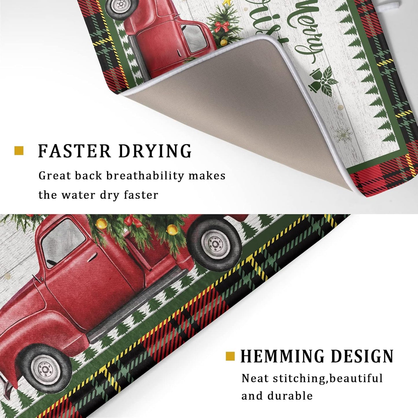Christmas Dish Drying Mat 18x24 Inch for Kitchen Counter Decor Absorbent Reversible Microfiber Red Truck Buffalo Check Plaid Dishes Pad Dish Drainer Rack Mats Absorbent Fast Dry Kitchen Accessories