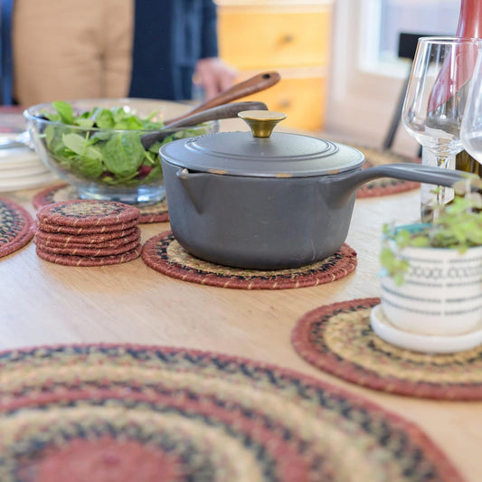 Homespice Highland Jute Braided Trivets for Table,Warm Country and Cabin Decor, Set of 3, Multicolor 8" Round Heat Resistant Mats - Rich Colors, Easy to Clean, Durable and Protects Furniture