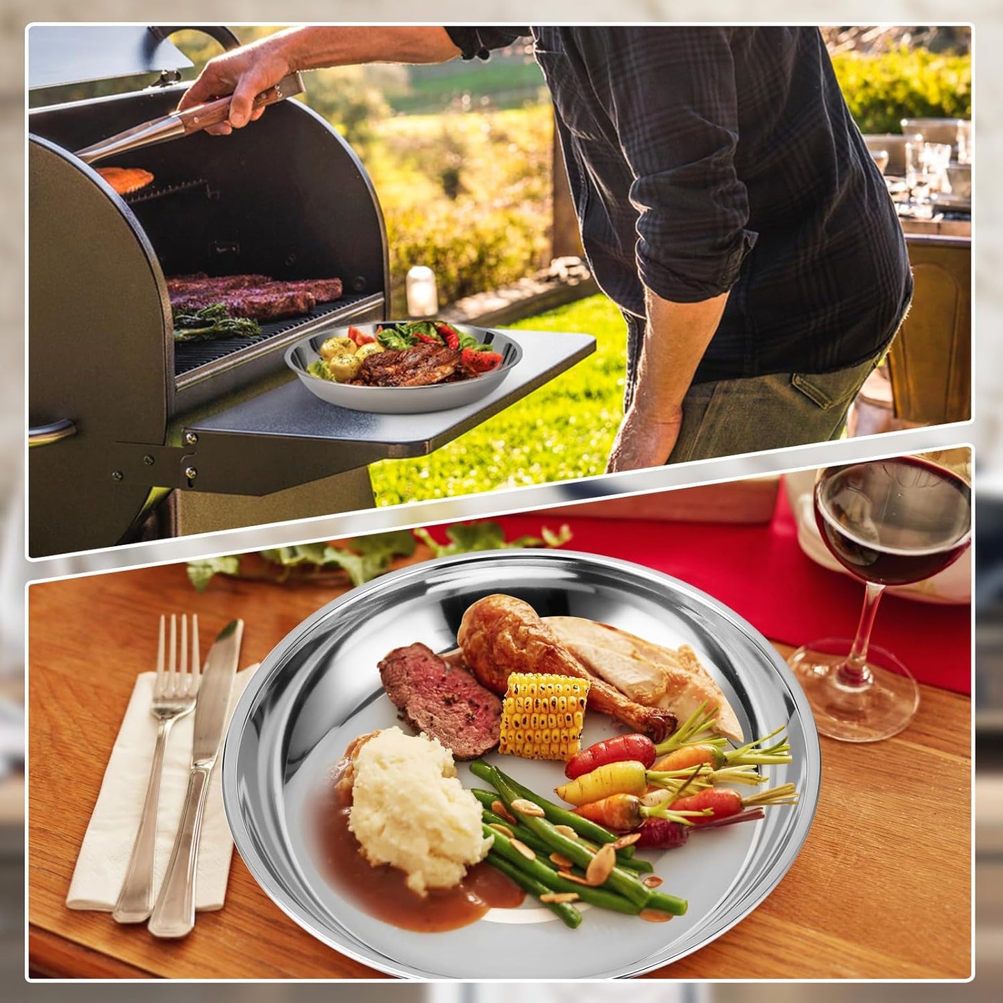 Patterned Deep Stainless Steel Plates, 4 Set 7 inch 304(18/8) Metal Food Serving Plate, Reusable Snack Eating Dishes Round Shatterproof Silver Dinnerware for BBQ Dinner Oven Dishwasher Safe