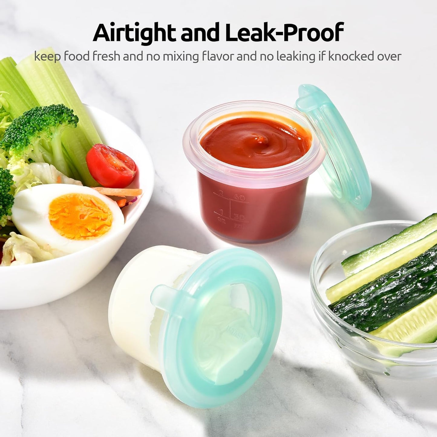 U-Taste 2oz Silicone Food Container: Mini Kitchen Storage with Airtight Lid, Freezer & Microwave Safe, Dip Box with Date Marking Circle, Clear Round Stackable for Sauce, Dressing, Condiment -Aqua Sky