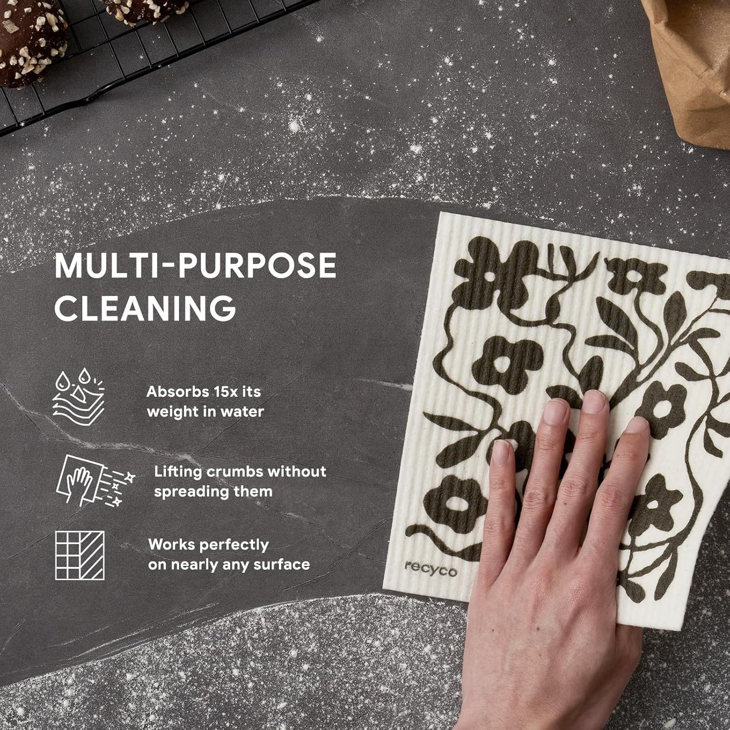 RECYCO Swedish Dishcloths for Kitchen | 5 Pack Black & White Geo Washable Dish Rags | Cellulose Reusable Cleaning Paper Towels | Absorbent Counter Dish Cloth Sponge Kitchen Wipes, 8" L x 7" W