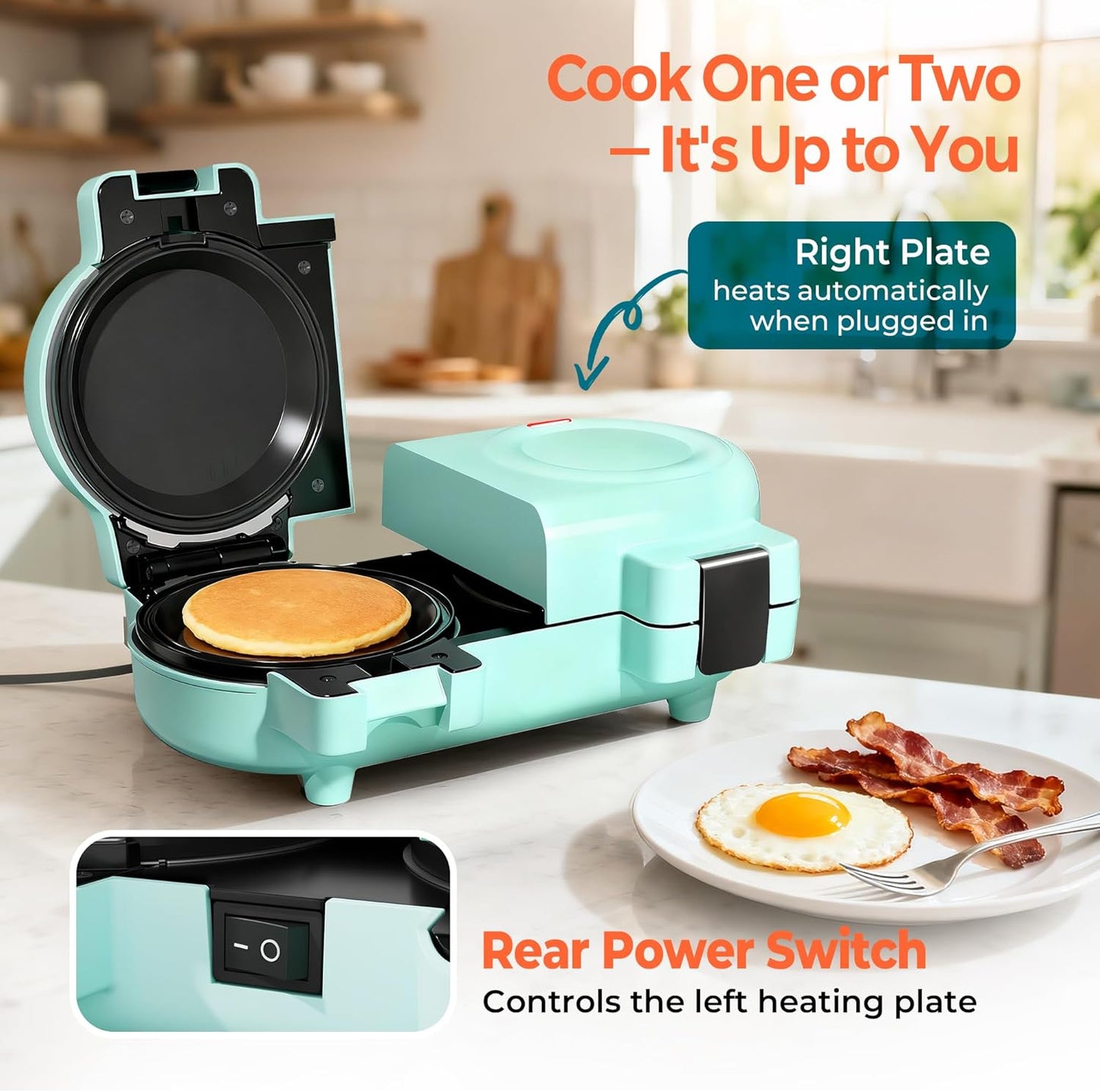 2-in-1 Double Waffle & Pancake Maker - CACHOO Mini 4" Nonstick Waffle Iron & Small Round Griddle with 4 Removable Plate Sets, Dishwasher Safe, Perfect for Small Spaces, Apartments & Dorms, Aqua