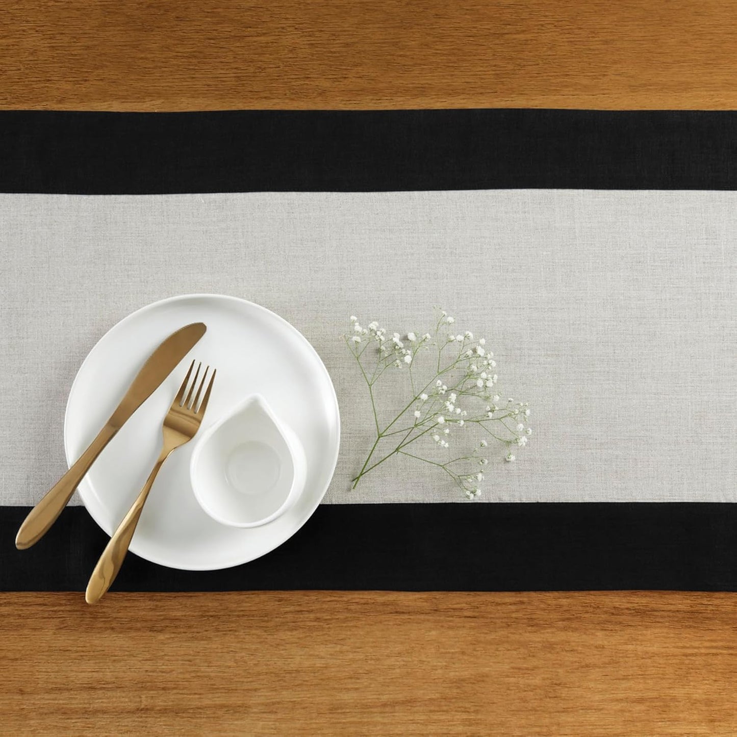 Solino Home Linen Table Runner 36 Inches - 100% Pure Linen Black and Natural Short Table Runner 14 x 36 Inch Ideal for Dresser and Coffee Tables - Contempo - Thanksgiving