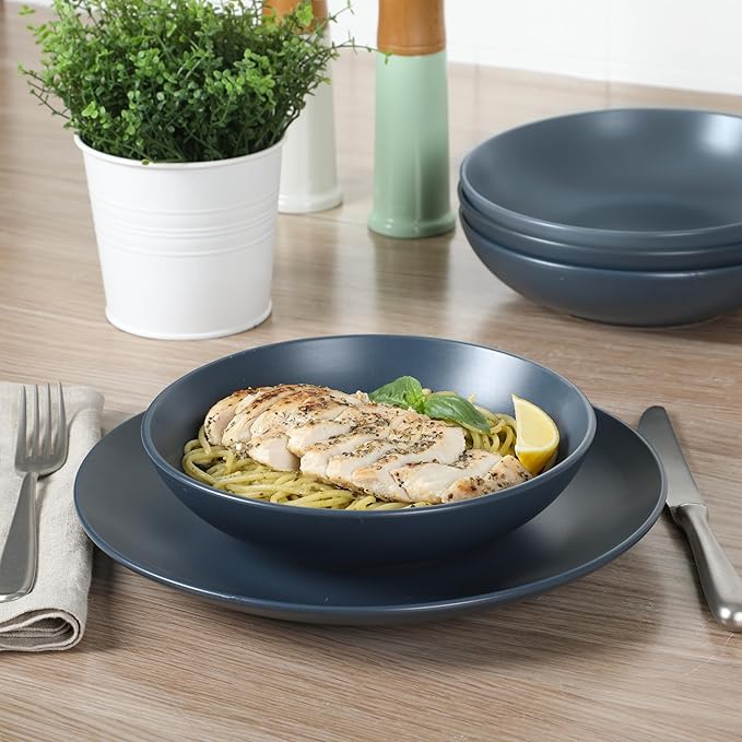 Gibson Home Queenslane 16-Piece Matte Blue Stoneware Dinnerware Set – Double Bowl Plates and Bowls, Durable Kitchen Dinner Set