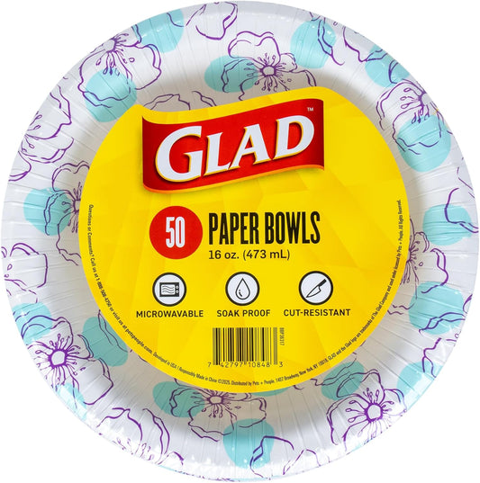 Glad Round Disposable Paper Bowls, Blue Flower Design - Heavy Duty, Soak Proof, Cut-Resistant, Microwavable Bowl for All Foods & Daily Use, 16 Oz, 50 Count