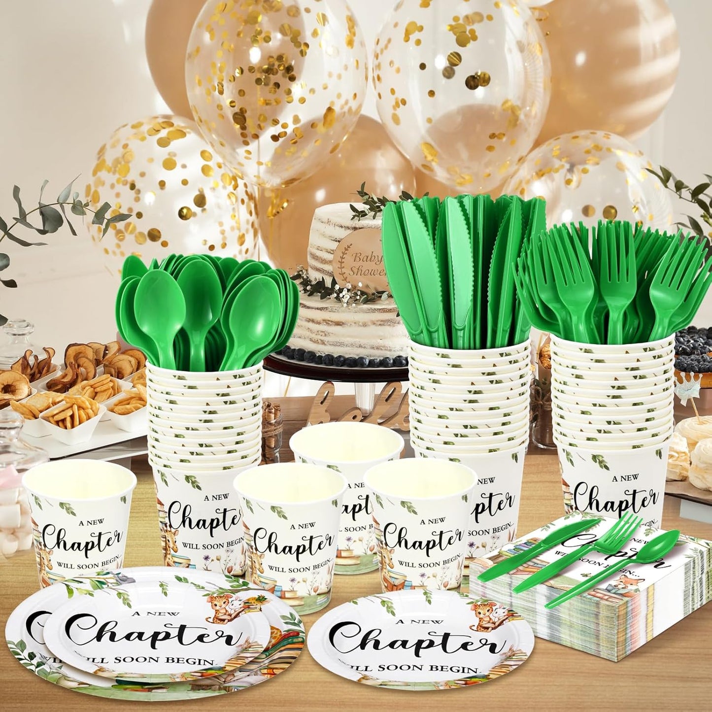 Dandat 350 Pcs Baby Shower Plates Set Baby Shower Party Supplies Serves 50 Tableware Sets Include Plates Napkin Cup Forks Knives Spoons Disposable Dinnerware(Storybook,Green)