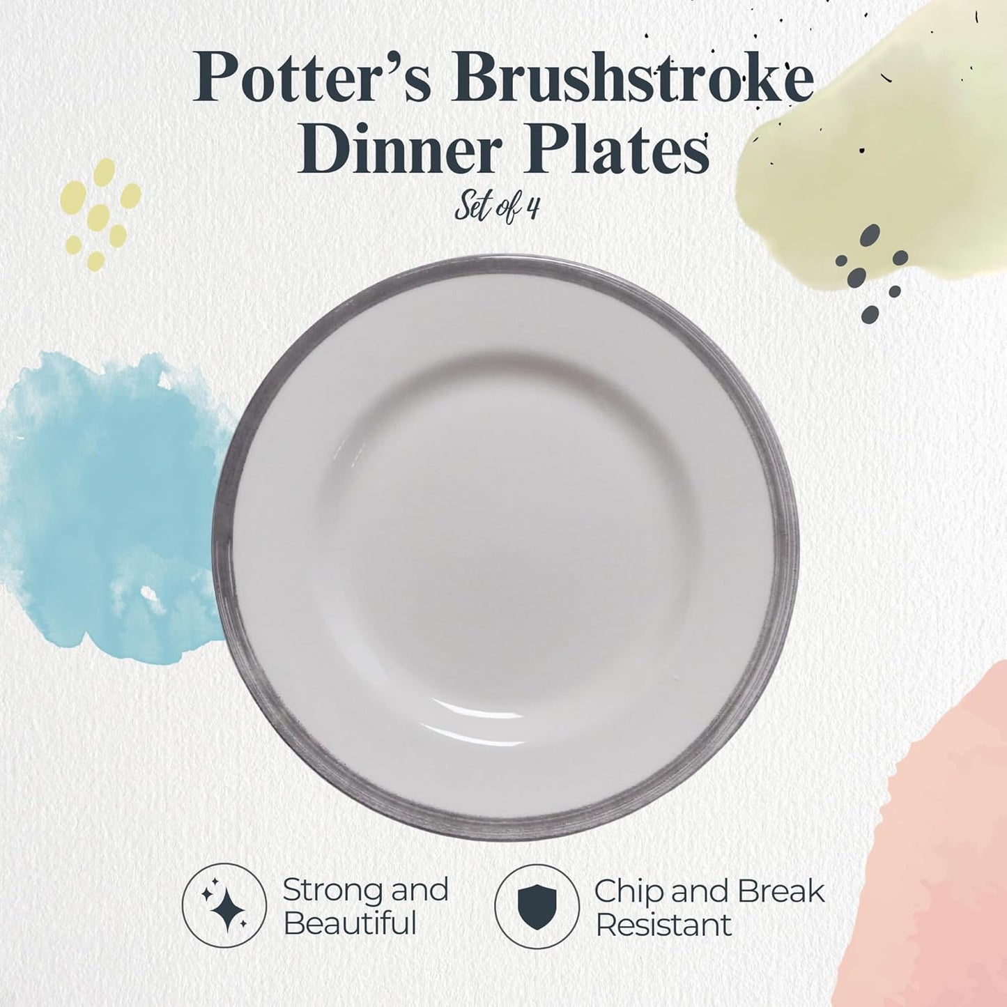 Portmeirion Potter's Brushstroke 10.5" Dinner Plate (Set of 4) - Handcrafted Earthenware Plates with Accent Rim, Microwave & Dishwasher Safe - Ideal Tableware for Modern & Traditional Dining (Grey)