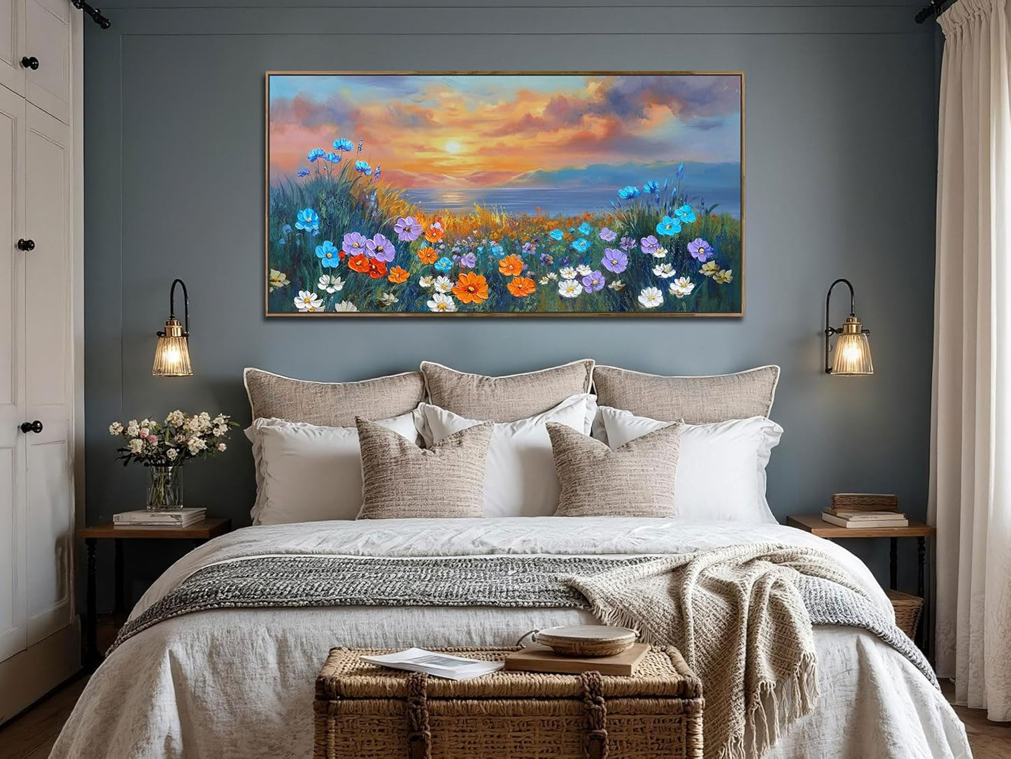 Ardemy Wildflower Wall Art for Living Room Large Framed Floral Canvas Pictures Bedroom Wall Decor Sunset Paintings Flower Textured Artwork for Walls Dining Room Home Office 48"x24"