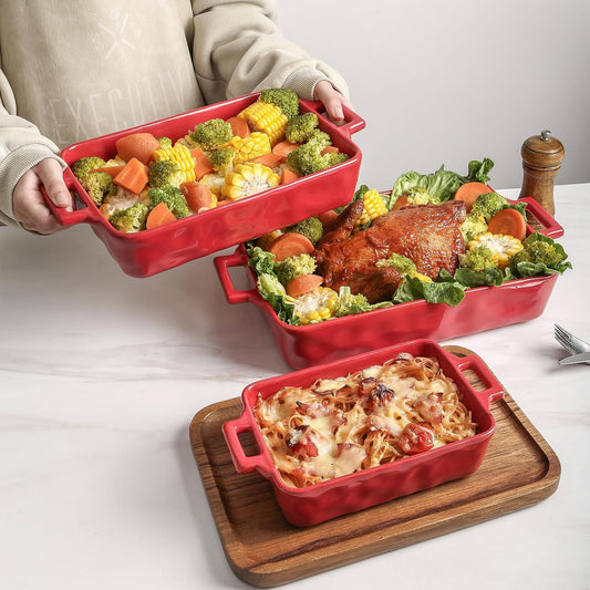VICRAYS Ceramic Bakeware Set, Porcelain Rectangular Baking Dish, Baking Pan Lasagna Pans Casserole Dish Set for Cooking, Kitchen, Cake Dinner, Banquet and Daily Use, 3 PCS, 15 x 8.5 Inches (Red)