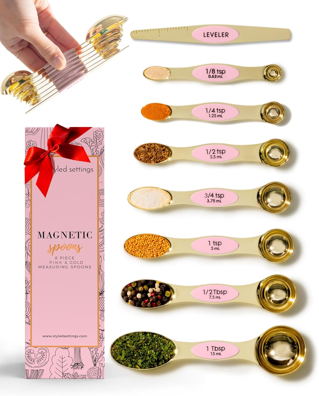 Pink Magnetic Measuring Spoons Set - 8-Piece Dual-Sided Stainless Steel Spoons, Stackable and Spice Jar Friendly – Stylish Pink Kitchen Accessories for Cooking and Baking