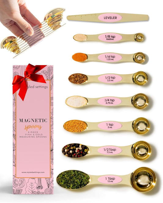 Pink Magnetic Measuring Spoons Set - 8-Piece Dual-Sided Stainless Steel Spoons, Stackable and Spice Jar Friendly – Stylish Pink Kitchen Accessories for Cooking and Baking