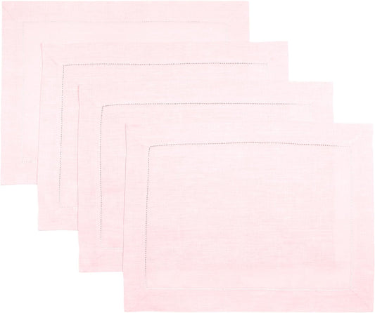 D'Moksha Homes Linen Placemats Set of 4 - Classic Hemstitch Pastel Pink Placemats 14 x 19 Inch - 100% Pure Linen Table Mats for Fall, Autumn and Halloween - Handcrafted and Machine Washable