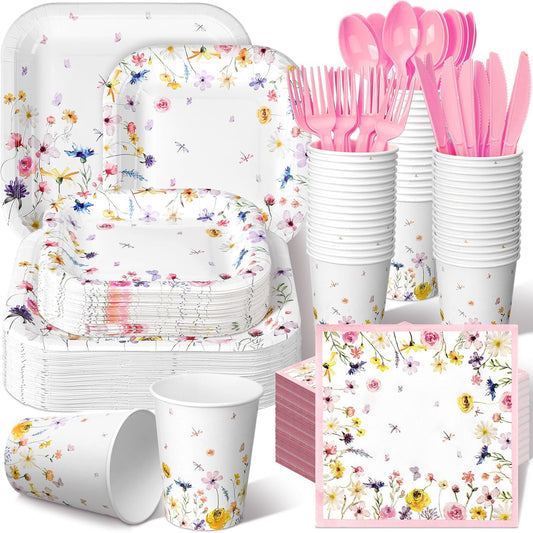 350 Pcs Paper Plates and Napkins Set Disposable Dinnerware Party Supplies Tableware Serve 50 Guest Cups Knife Forks Spoon(Pink,Wildflower)