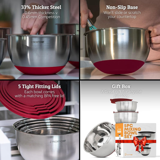 Priority Chef Premium Mixing Bowls With Airtight Lids Set, Thicker Stainless Steel Mixing Bowl Set, Large Prep Metal Bowls with Lids, Nesting Bowls for Kitchen, 1.5/2/3/4/5 Qrt, Red