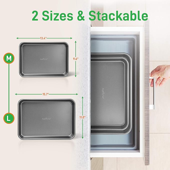 NutriChef 2-Piece Nonstick Cookie Sheet Baking Pan Set - Premium Bake Trays w/ Sleek Non-Stick Coating PFOA, PFOS, & PTFE Free - Large (15"x11") & Medium (13"x9") - Dishwasher Safe