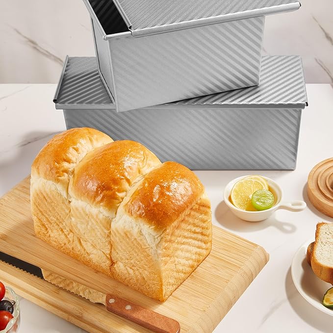 KITESSENSU Pullman Loaf Pan with Lid, 1 lb Dough Capacity Non-Stick Bakeware for Baking Bread, Carbon Steel Corrugated Bread Toast Box Mold with Cover for Baking Bread, Silver