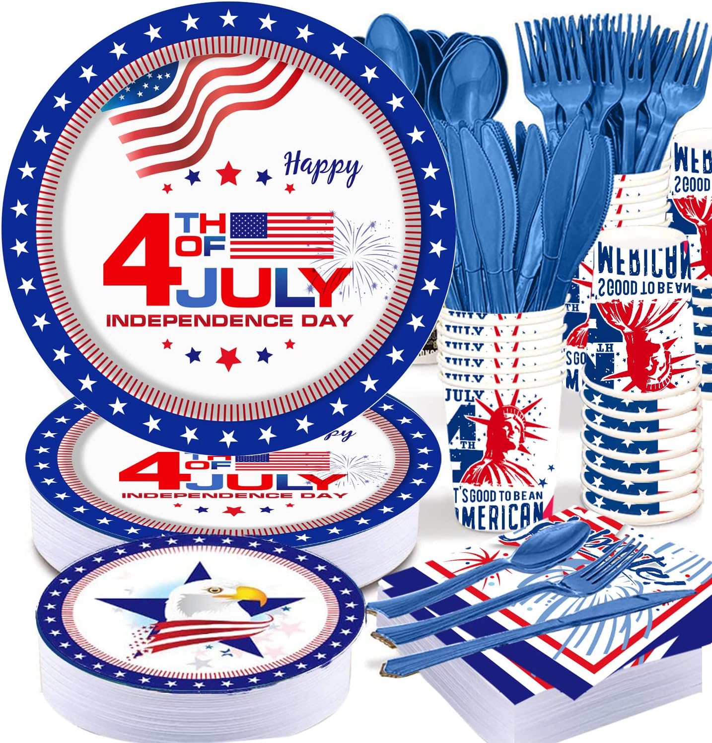 4th of July Party favor Tableware Set, 25 Set American Flag Disposable Dinnerware Set - Patriotic Party Supply - Red Blue White Plates Napkins Cups, Forks Spoons for Independence Memorial Day
