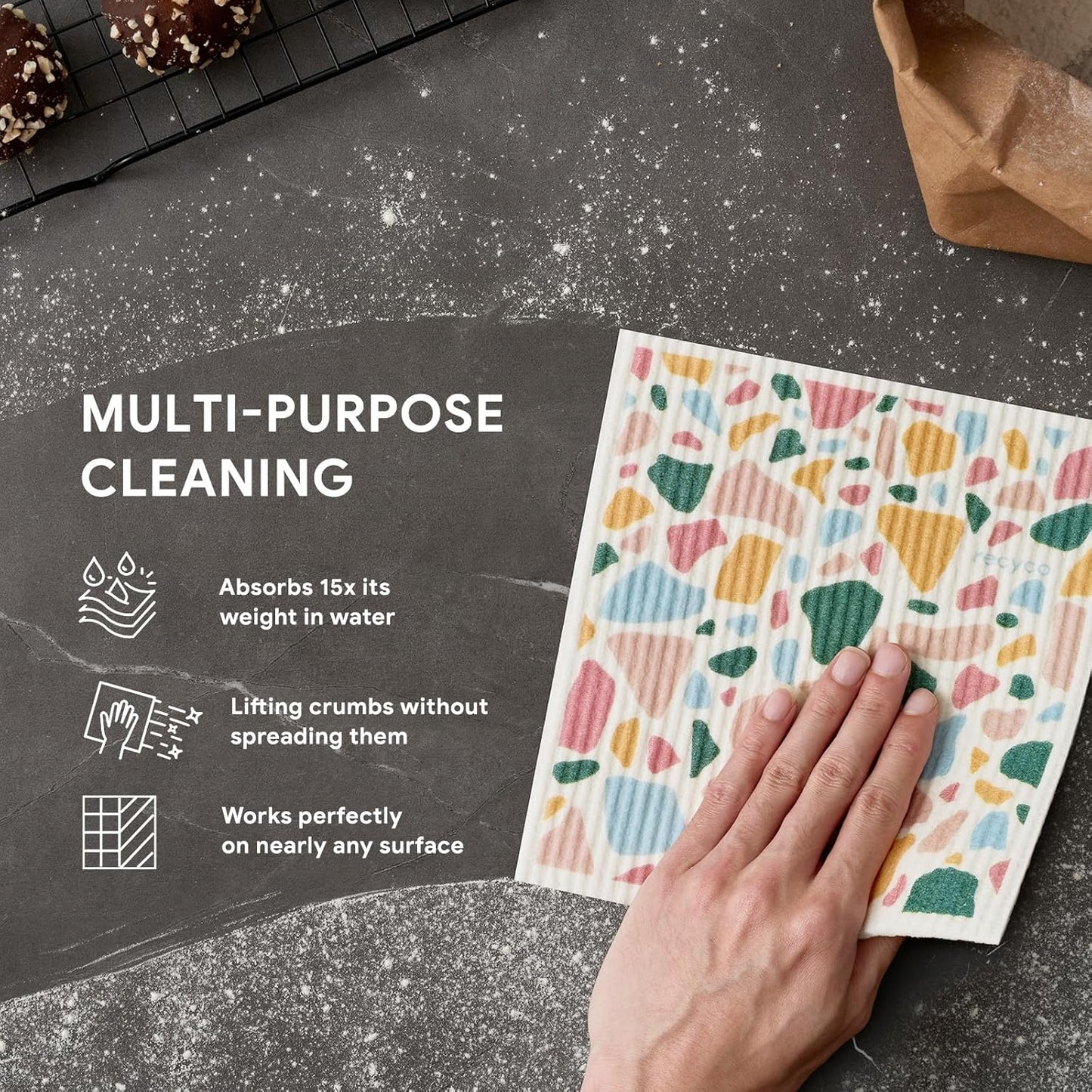 RECYCO Swedish Dishcloths for Kitchen | 5 Pack Urban Boho Terrazzo Washable Dish Rags | Cellulose Reusable Cleaning Paper Towels | Absorbent Counter Dish Cloth Sponge Kitchen Wipes, 8" L x 7" W