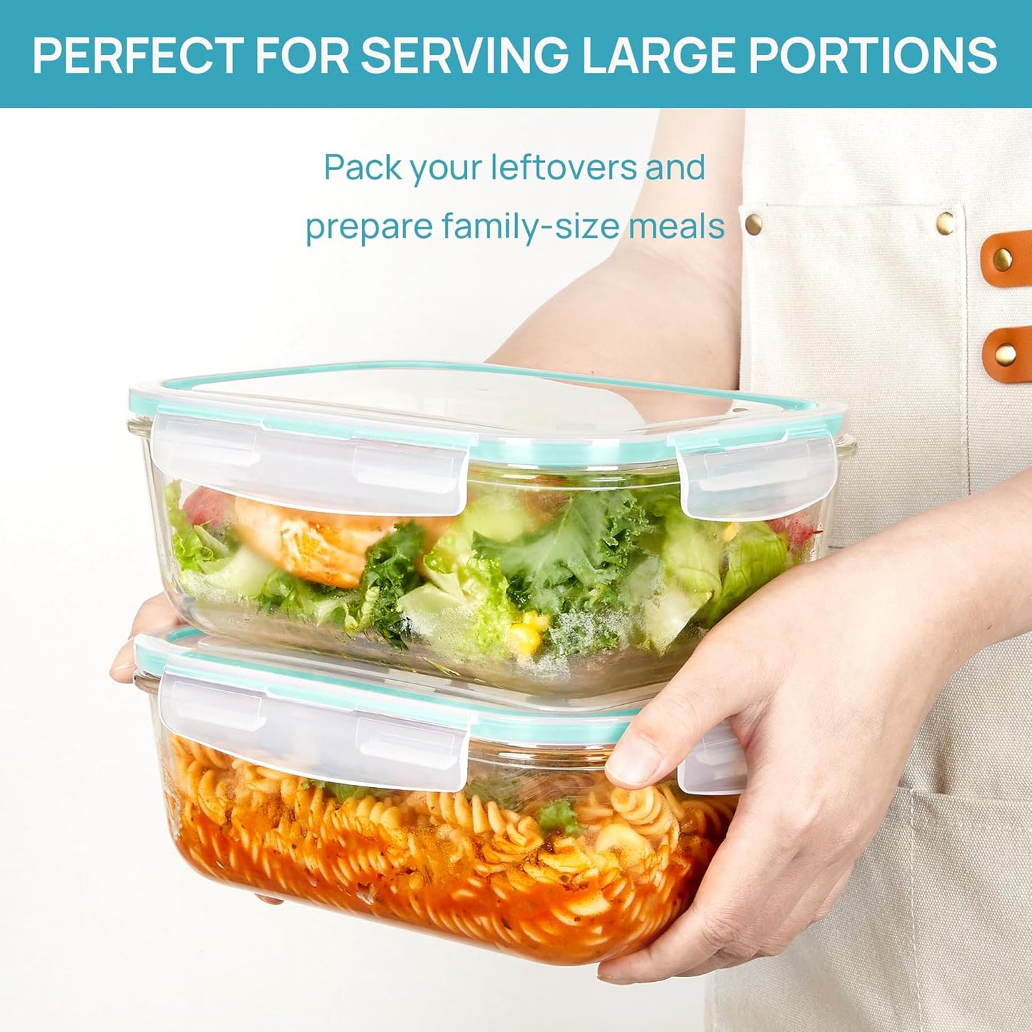 Vtopmart 2Pack 1860ml/ 63oz Large Glass Storage Containers with Lids, Meal Prep Food Container Set with Snap Airtight Lid for Baking, Microwave, Oven, Leak Proof, for Freezer, Dishwasher, Green