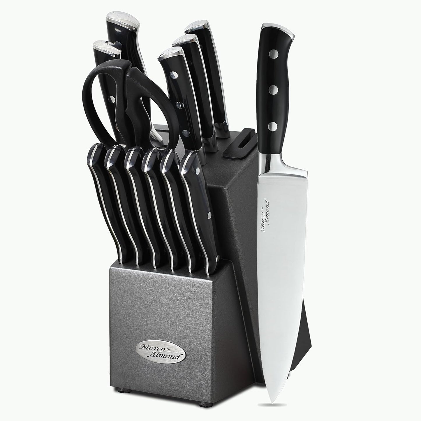 Marco Almond® Kitchen Knife Set with Block KYA31,14 Pieces Japanese Stainless Steel Cutlery Knives Block Set for Kitchen with Built-in Sharpener