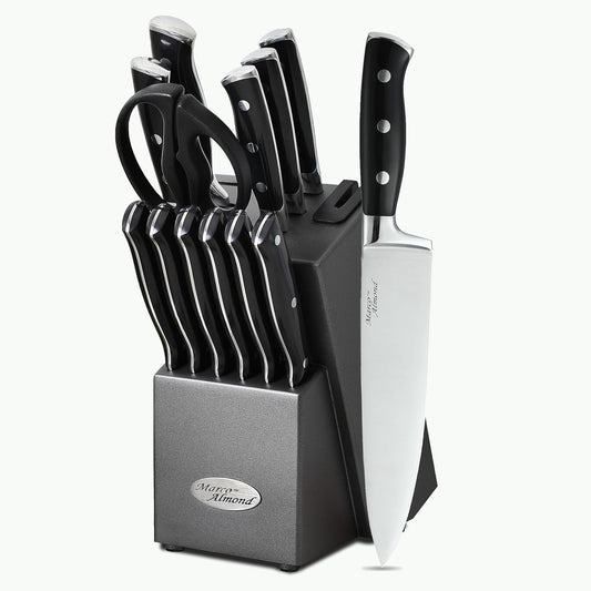 Marco Almond® Kitchen Knife Set with Block KYA31,14 Pieces Japanese Stainless Steel Cutlery Knives Block Set for Kitchen with Built-in Sharpener