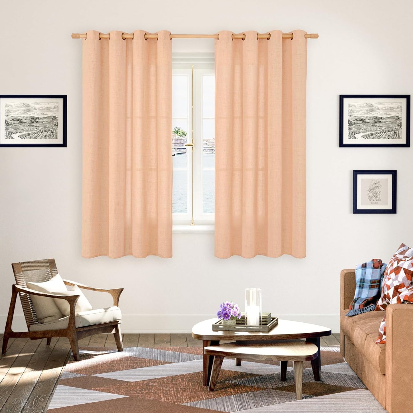 YoungsTex Peach Linen Curtains 63 Inches Length for Living Room - Textured Coral Semi Sheer Drapes with Bronze Grommet Light Filtering for Bedroom Kitchen Office Lightweight, 52 x 63 Inch, 2 Panels