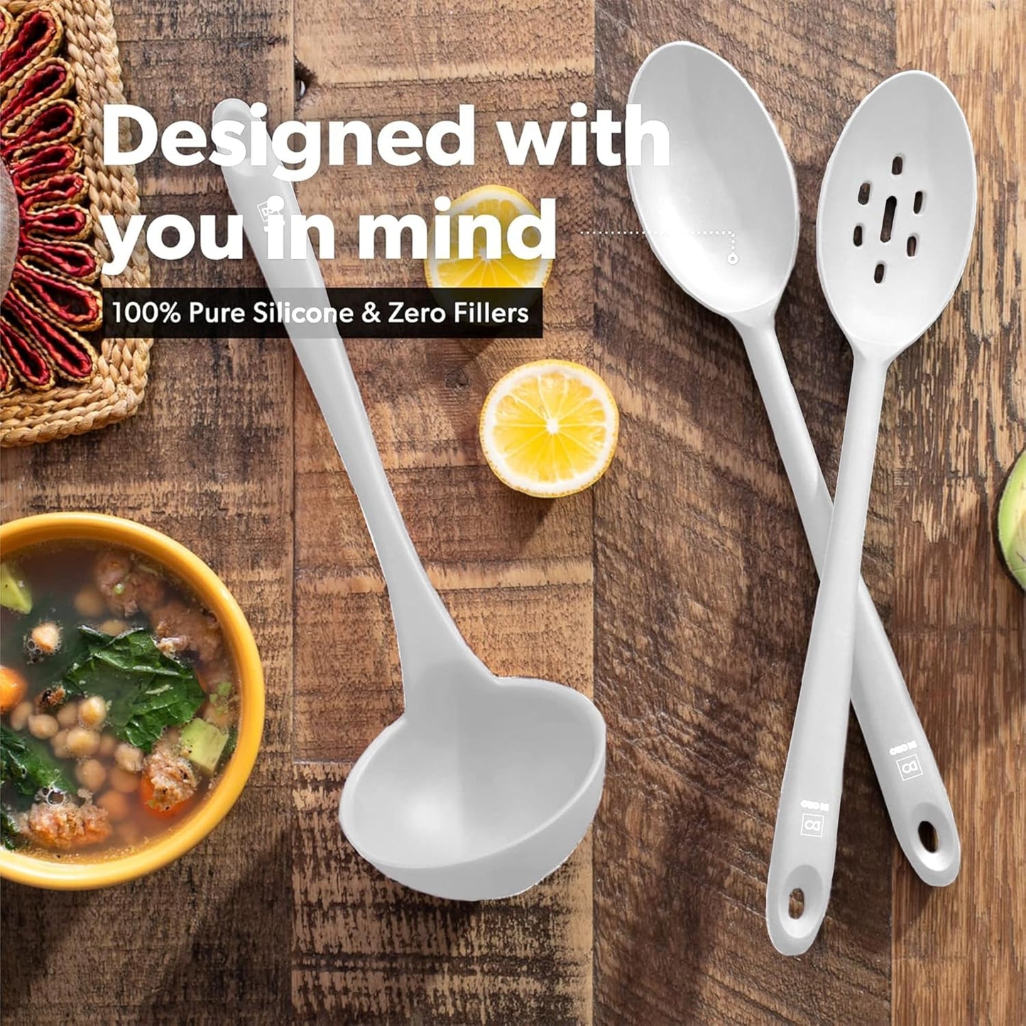 DI ORO Silicone Ladle & Spoons for Cooking – Large Kitchen Spoons for Mixing, Serving, & Stirring - Soup Ladle with Wide Bowl - High Heat Silicone Kitchen Utensils for Nonstick Cookware Safe (Stone)