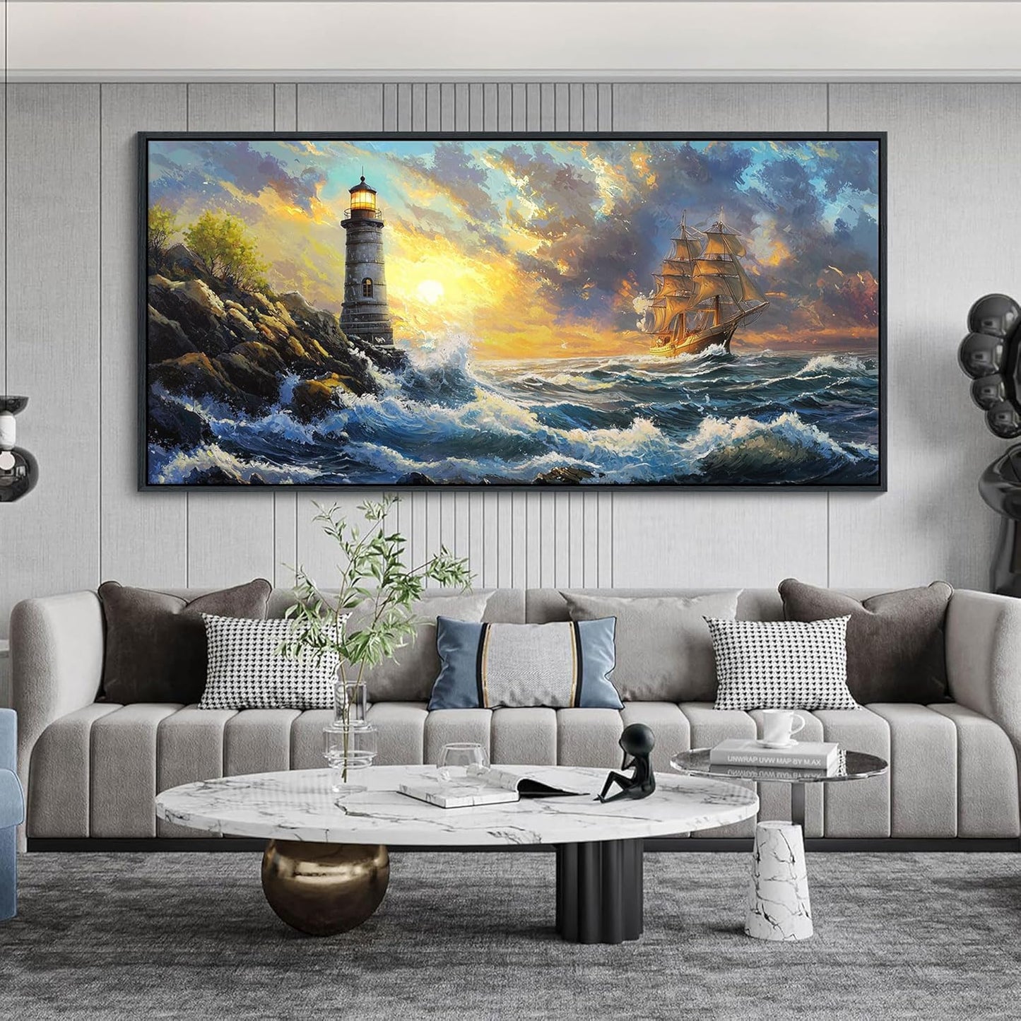CHATYOUNG Large Wall Art Living Room, Ocean Sunrise Big Waves Framed Wall Pictures Beach Sailboat Lighthouse Landscape Canvas Paintings for Bedroom Dining Room Kitchen Office Home Decor 29x58 IN