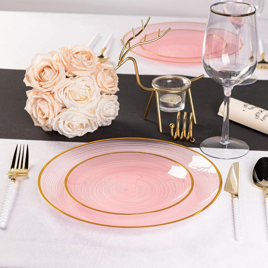 100PCS Pink Plastic Plates-Crystal Design Pink Disposable Plates with Gold Rim, Fancy Disposable Plates Include 50 Dinner Plates, 50 Dessert/Salad Plates for Party & Wedding