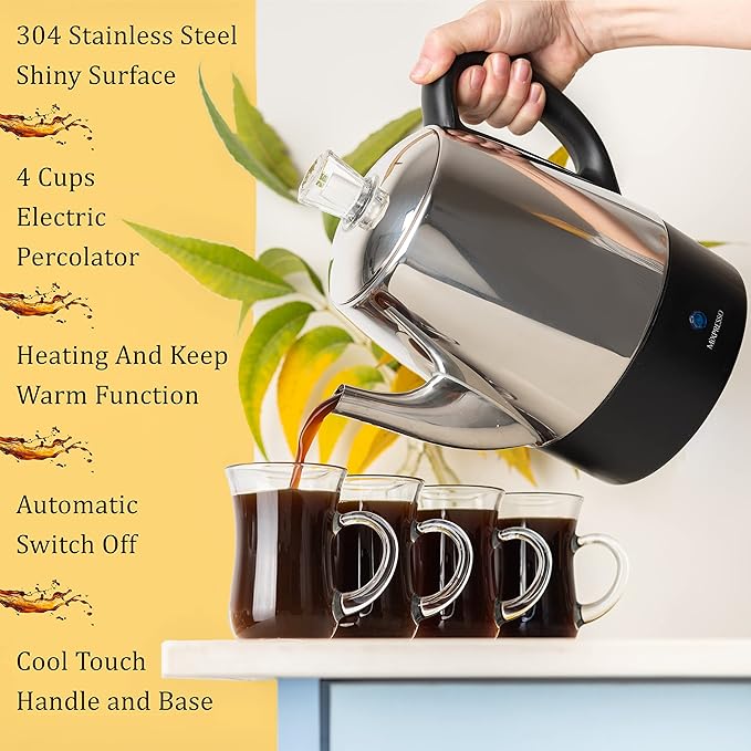 Mixpresso Small Percolator Coffee Pot Electric 4 Cup, Stainless Steel Coffee Maker, Coffee Percolator Electric With Keep Warm Function, 4 Cups Stainless Steel Perculator With Basket