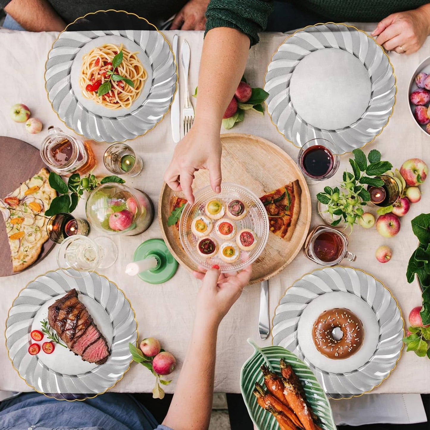 YOUBET 125PCS Clear Black Plastic Plates - Black and Gold Disposable Plates Include 50 Plate, 75 Silverware for Wedding & Party & Birthday & Halloween