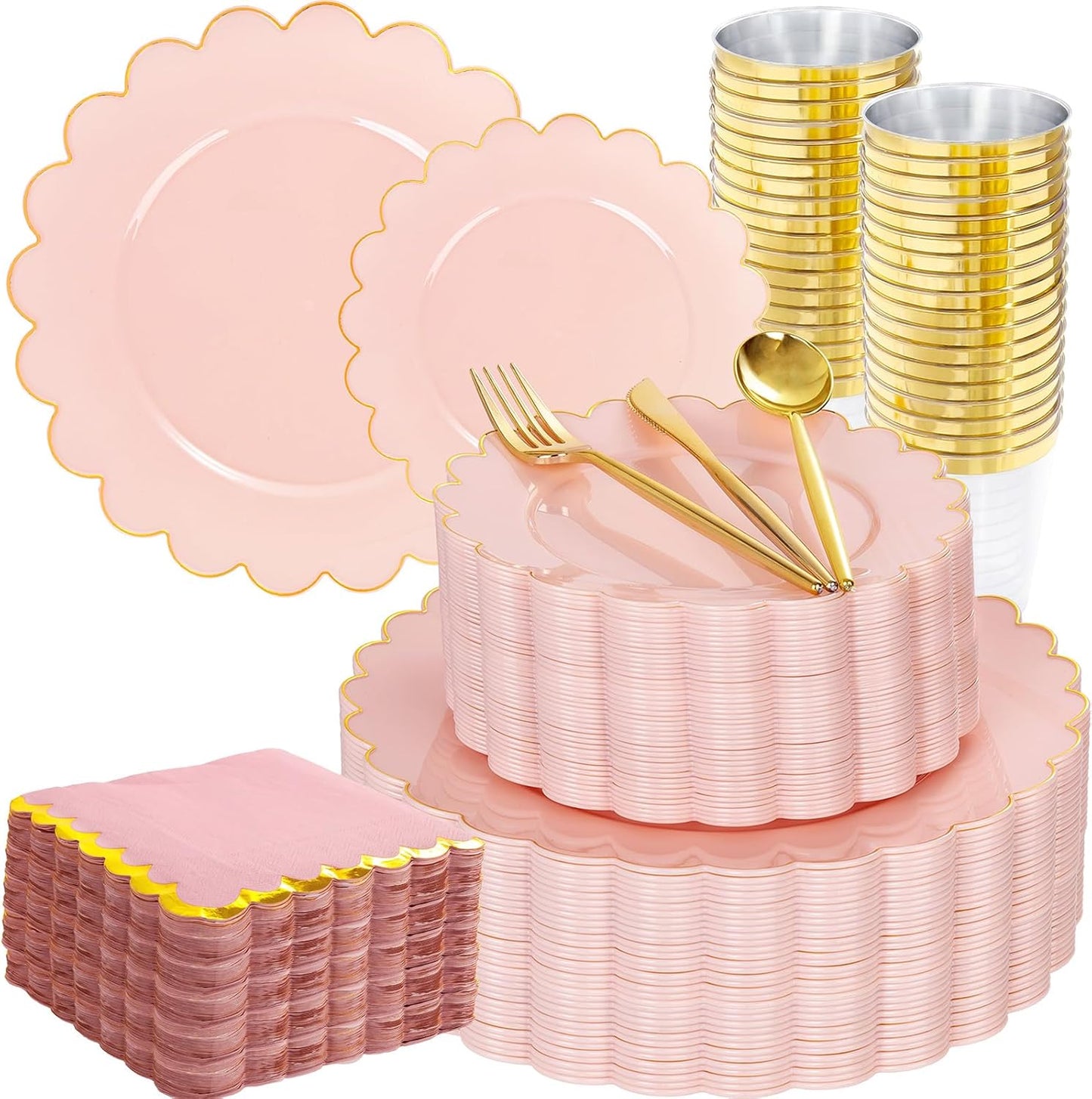 LIYH 210 Pcs Pink and Gold Scalloped Plastic Plates - Disposable Dinnerware Set, Include Gold Plastic Silverware, Pink Plates and Napkins Party Supplies for Birthday Wedding