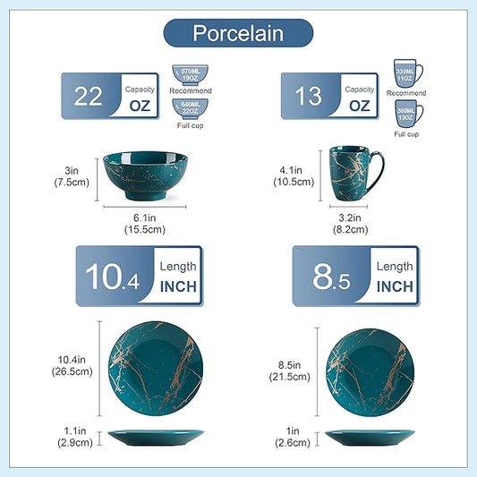 LOVECASA Porcelain Dinnerware Sets for 4, 16 PCS Plates and Bowls Set, Color Glaze with Gold Plate Dish Set, Dinner Sets with Dinner Plates, Dessert Plate, Bowls and Mugs, Dark Green