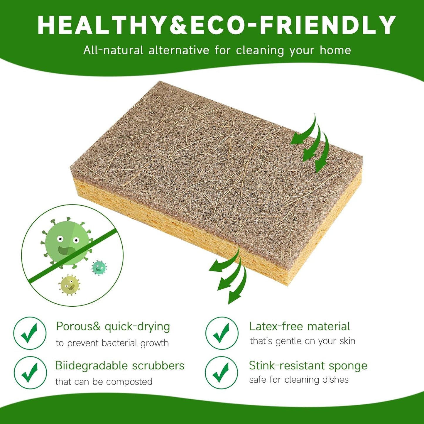 10 Pack Biodegradable Natural Sponges Kitchen - Compostable Cellulose and Coconut Walnut Scrubber Sponge - Eco Friendly Sponges for Dishes