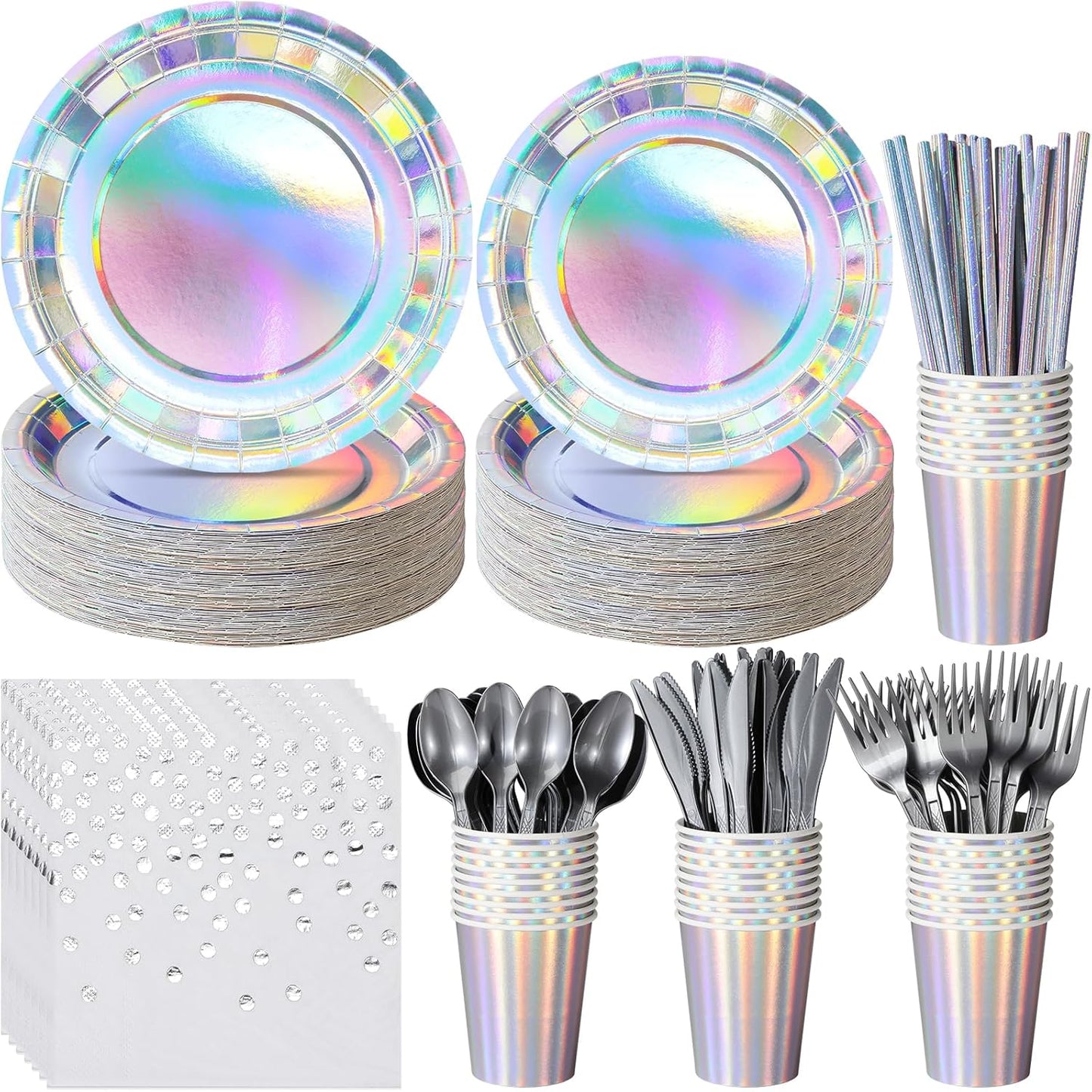 Iridescent Paper Plates and Napkins Set, Disposable Iridescent Paper Plates Cups Knives Spoons Fork Straw for Mermaid Birthday Wedding Party, Serve 100