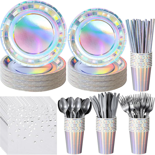 Iridescent Paper Plates and Napkins Set, Disposable Iridescent Paper Plates Cups Knives Spoons Fork Straw for Mermaid Birthday Wedding Party, Serve 100