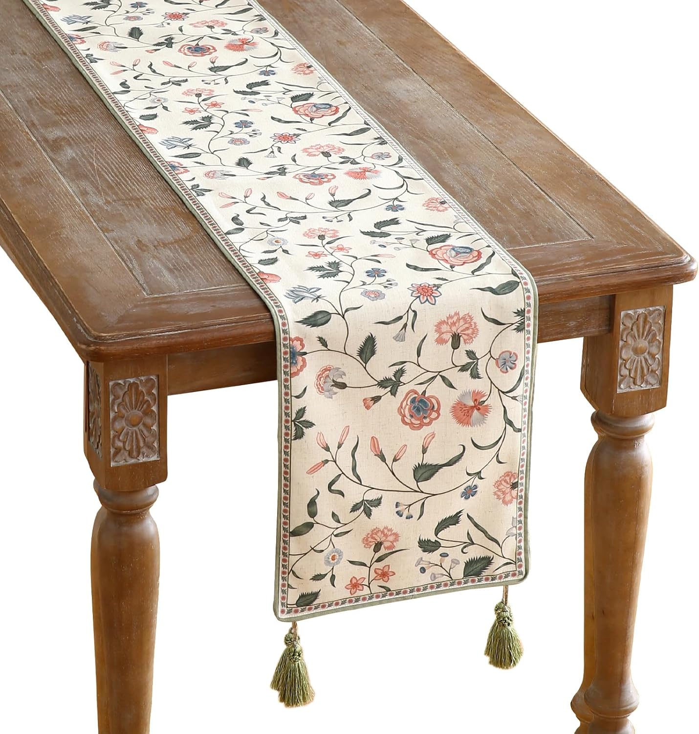 ISAENNE Designer Chinoiserie Elegant Linen Floral Table Runner 102 Inches Long,White Wrinkle Resistant Table Runners for Dining Tables,Thanksgiving,Kitchen Tables,Christmas,12"*102"-Daffy A