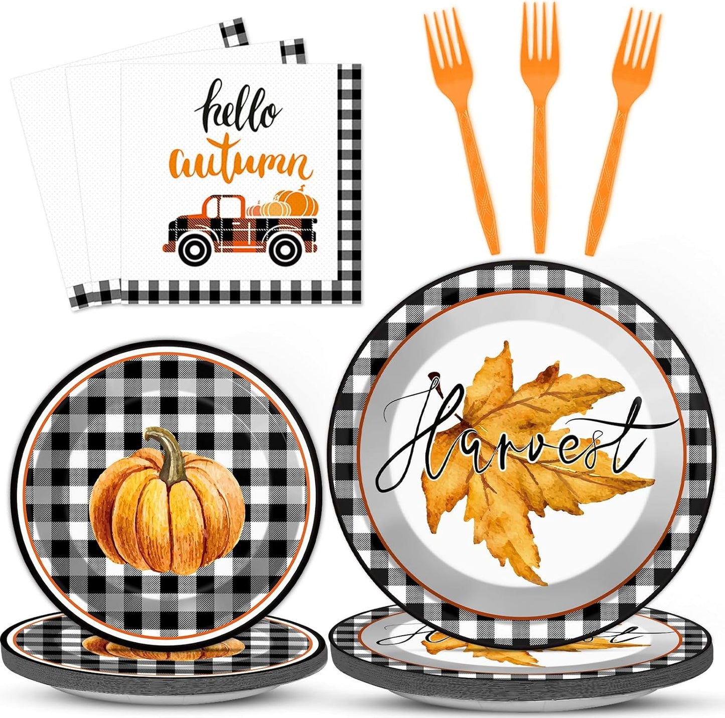 200 PCS Thanksgiving Tableware Disposable Fall Autumn Party Supplies Dinnerware Set Happy Harvest Plate, Hello Autumn Napkin,Fork Thanksgiving Fall Theme Party Decoration Serve 50 guest