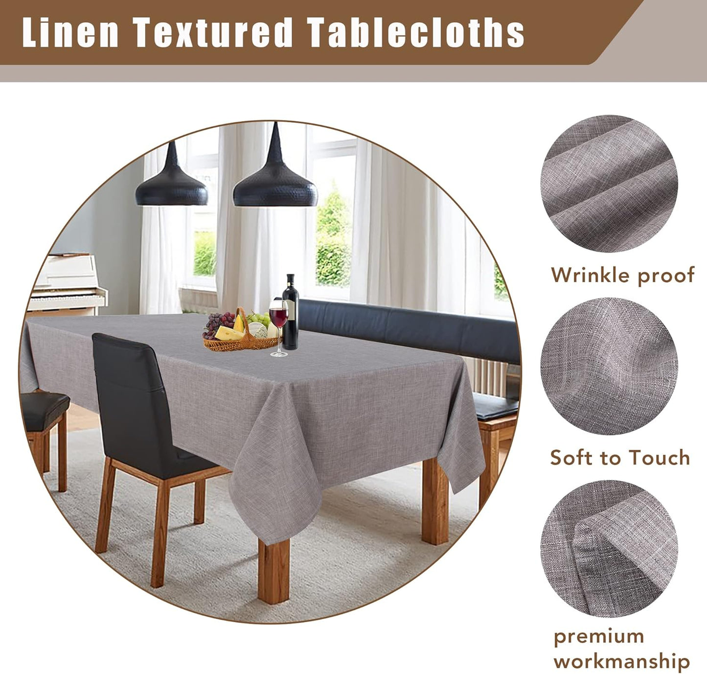 Fitable Faux Linen Tablecloth Rectangle 60 x 120 Inch - Rustic Fabric Table Cloth for 8 Foot Tables, Stone Faux Burlap Table Cover for Kitchen Dining, Party, Farmhouse