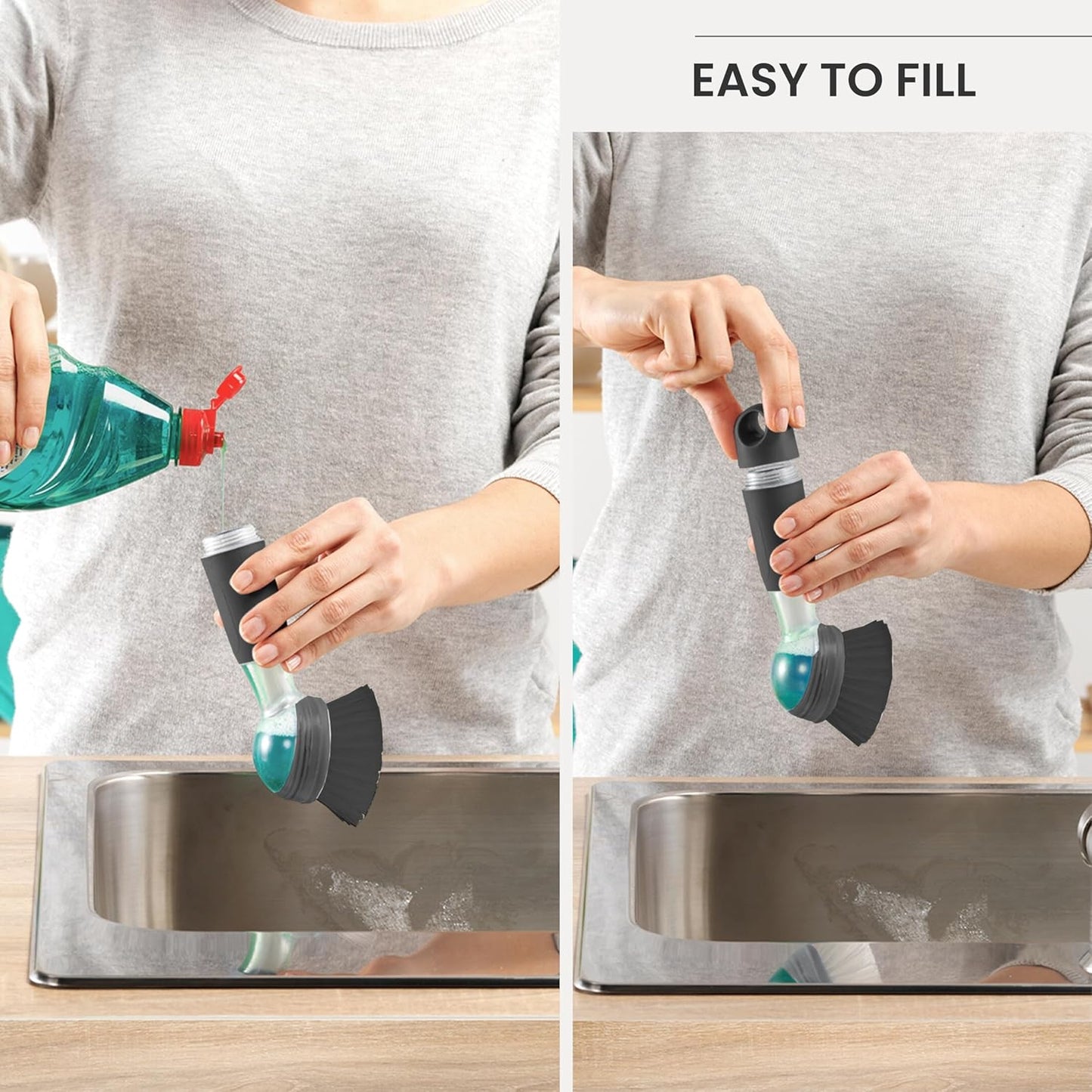 Vigar Rengo Soap Dispensing Dish Brush, Dish Brush with Soap Dispenser for Pot Scrubber, Dishes, Sink Cleaner, and Kitchen Essentials, Black