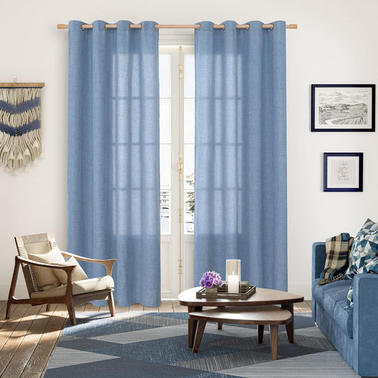 YoungsTex Denim Blue Linen Curtains 84 Inches Length for Living Room 2 Panels - Semi Sheer Light Filtering Window Treatments Drapes with Grommet Privacy for Bedroom Dining Room, 52 x 84 Inch