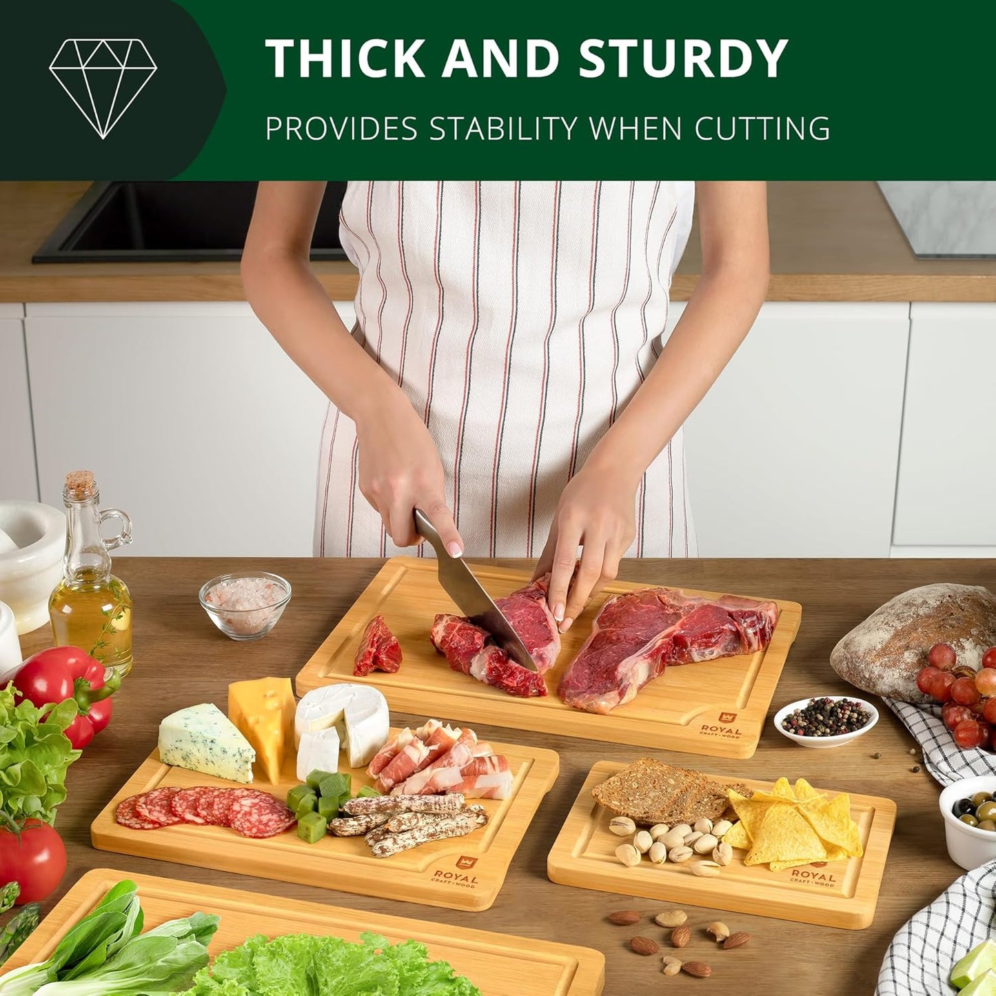 ROYAL CRAFT WOOD Wooden Cutting Boards for Kitchen Meal Prep & Serving - Bamboo Wood Serving Board Set with Deep Juice Groove Side Handles - Charcuterie & Chopping Butcher Block for Meat