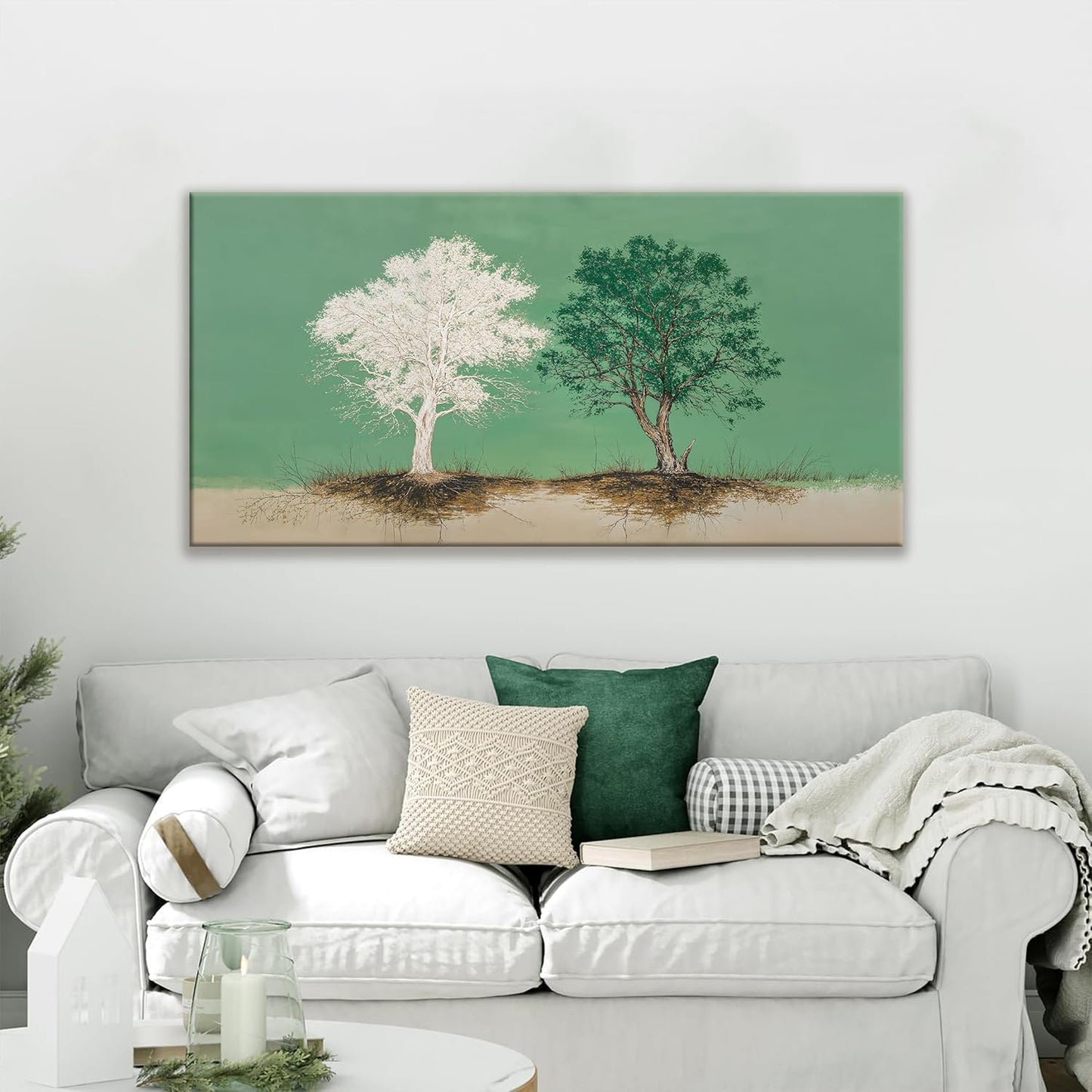 Abstract Wall Art Decoration Modern Home Wall Decor Pure White And Green Canvas Art Wall Decor Tree Of Life Wall Art For Living Room Bedroom Kitchen Bathroom Office 24x48 Inch