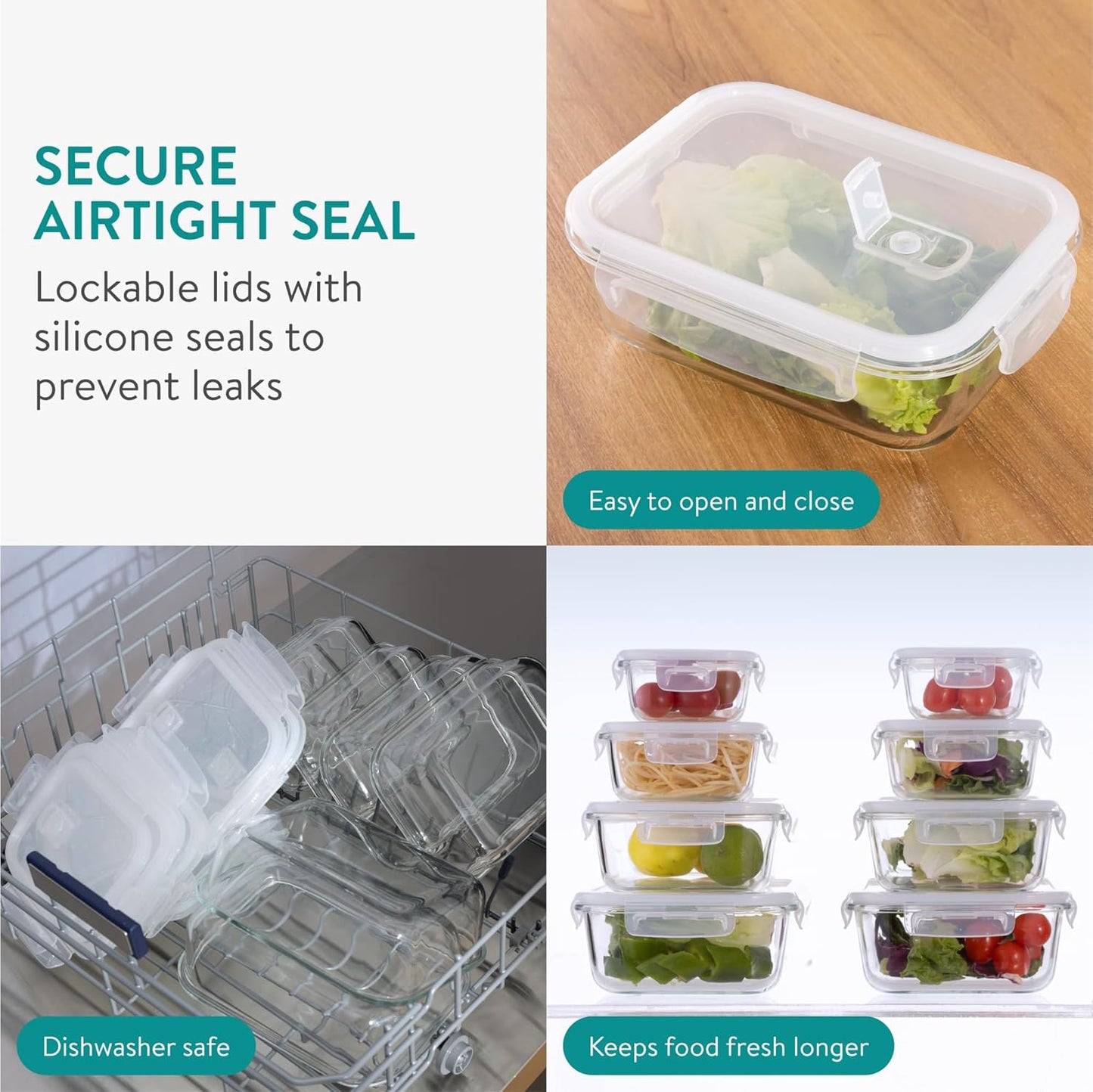 Navaris Glass Food Storage Containers with Lids - Set of 8, Airtight & Lockable - Reusable Meal Prep Containers for Lunch, Leftovers & Picnic - Microwave, Dishwasher & Oven Ready