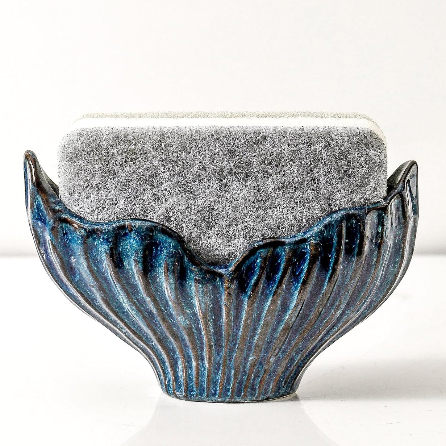 Sponge Holder for Kitchen Sink, Ceramic Sponge Holder with Fishtail Design, Sink Sponge Holder Caddy Organizer for Countertop, Farmhouse Kitchen Decor, Compact Kitchen Sponge Holder(Blue)