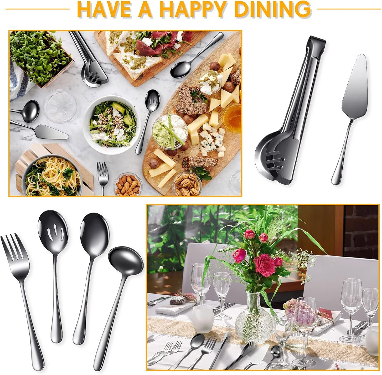 Patelai Serving Utensils Set Include Stainless Steel Large Spoons Slotted Spoons Forks Tongs Soup Ladle and Pie Server for Parties Buffet Catering, Dishwasher Safe(Black,10 Pieces)