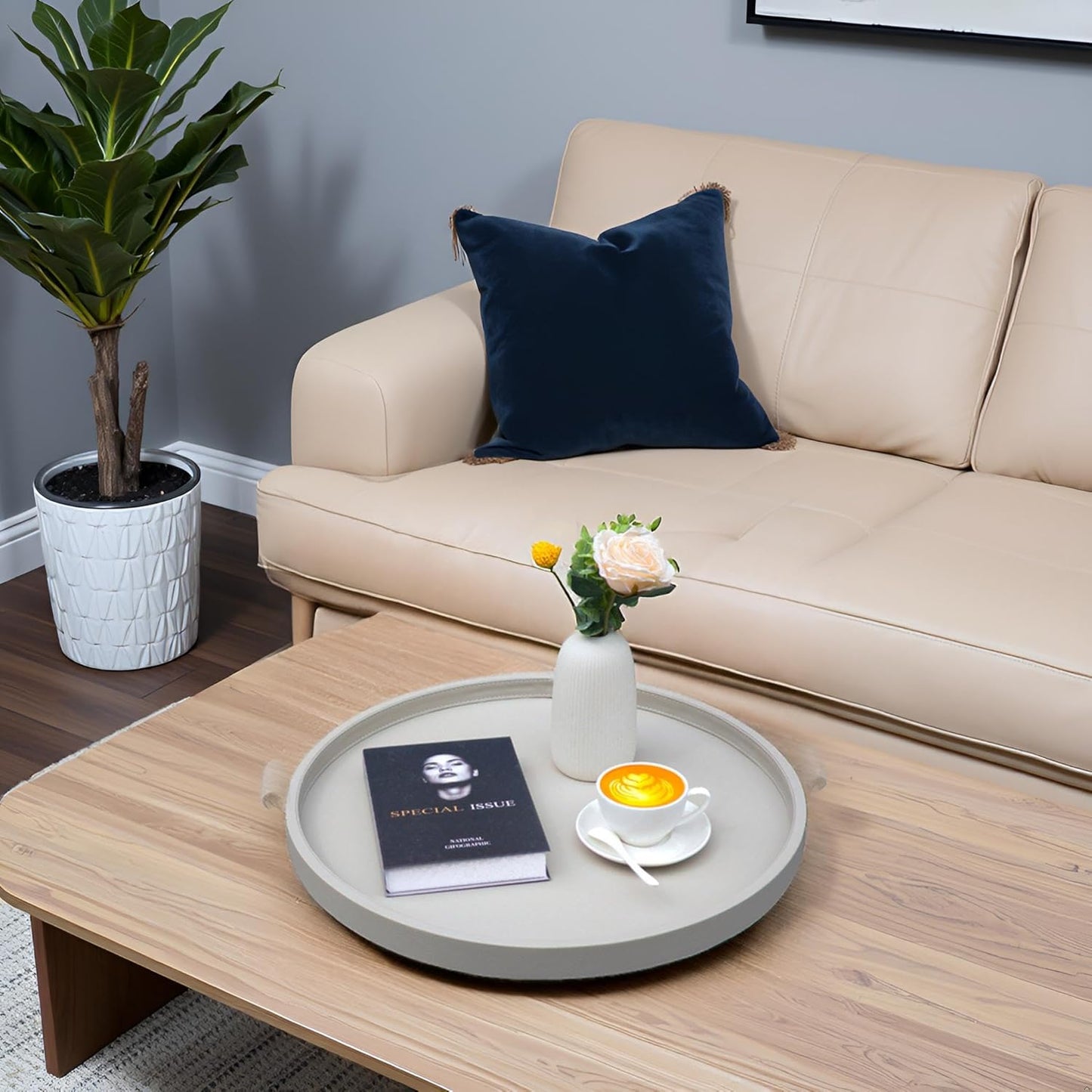 20-inch Round Ottoman Serving Tray - Textured PU Leather Coffee Table Decor, Waterproof Heat-Resistant Large Organizer for Home, Office, Bed & Party Essentials (Tranquil Beige, 20in)