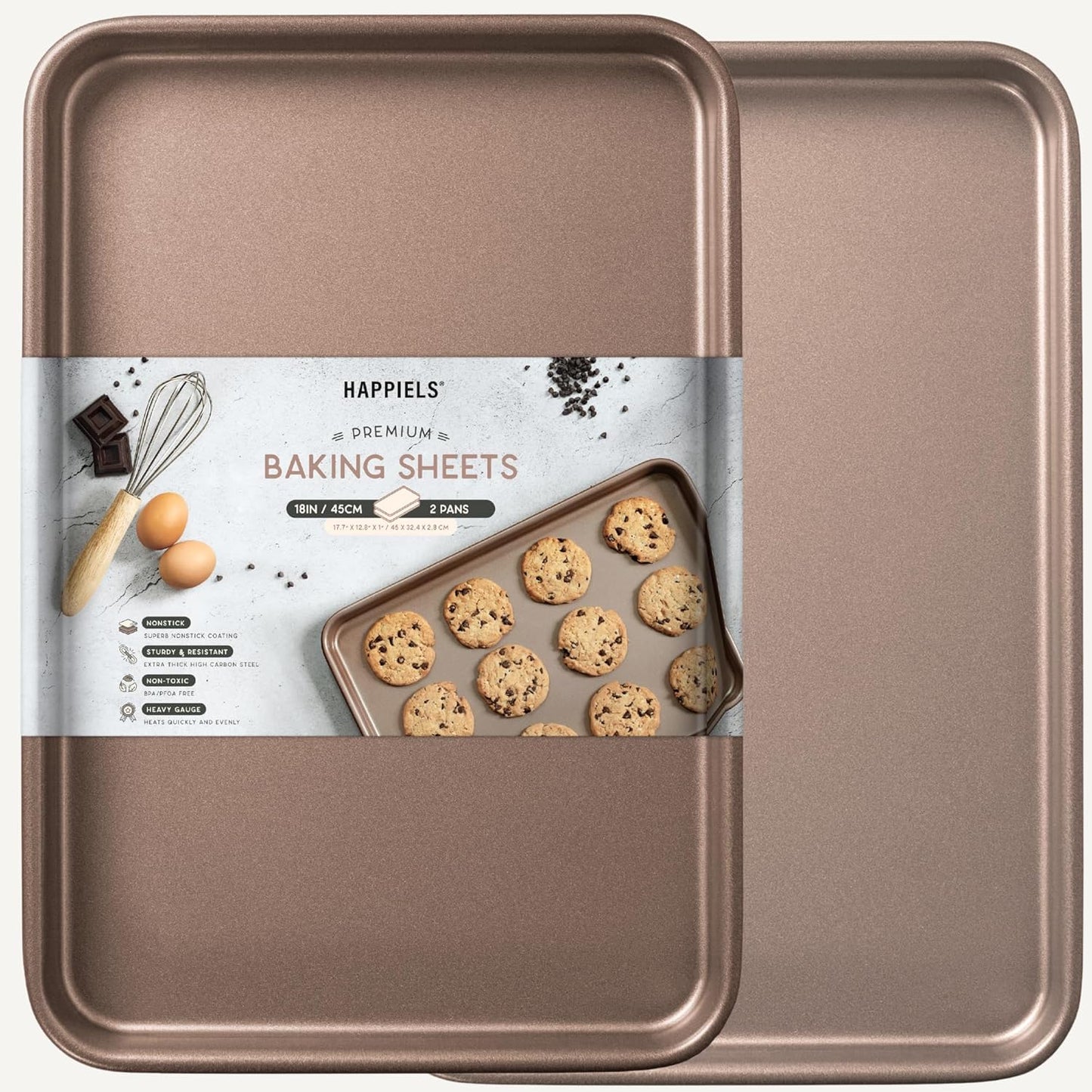 HAPPIELS Nonstick Non-Toxic 18-inch Half Baking Sheet 2-Pack | Premium Extra Thick Sheet Pan | Warp Resistant Large Cookie Sheet